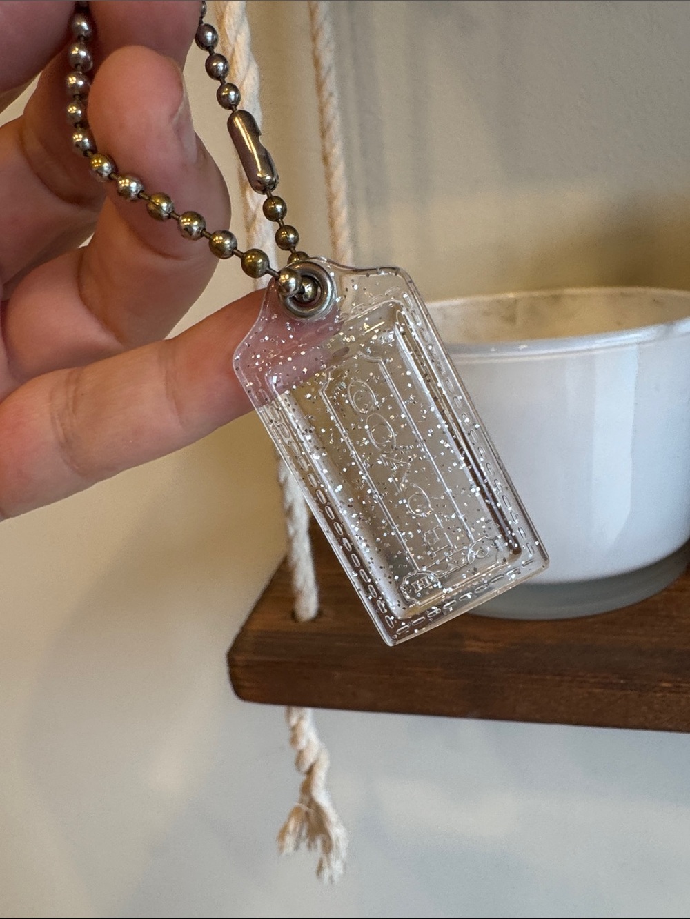 Coach Poppy hangtag Clear Glitter Resin with Ball Chain